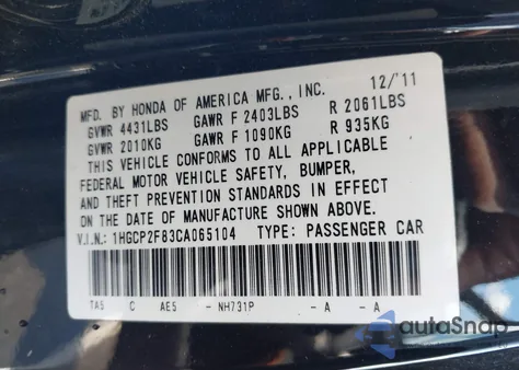 2012 Honda Accord 2.4 Ex-L from USA, damaged, VIN 1HGCP2F83CA065104